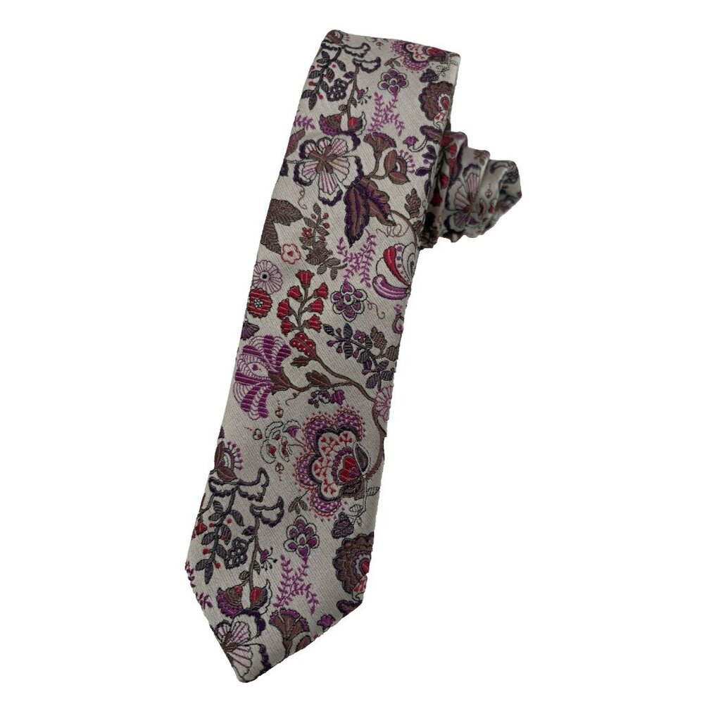 Scott Weiland Necktie RARE Narrow 100% Silk Luxury Floral Gray Pink Red 59" EUC